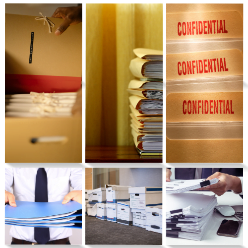 collage of files and documents